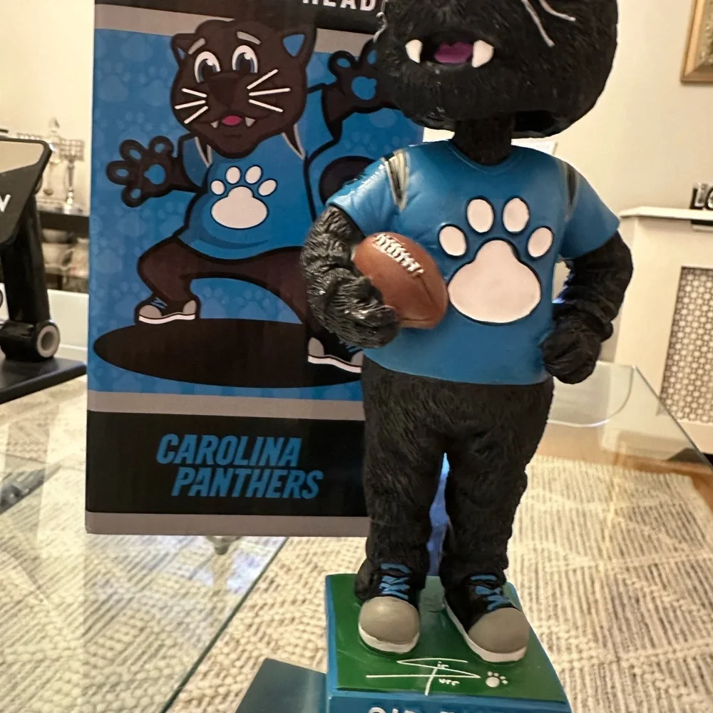 The item in the image is a Sir Purr Carolina Panthers mascot figurine/statue.